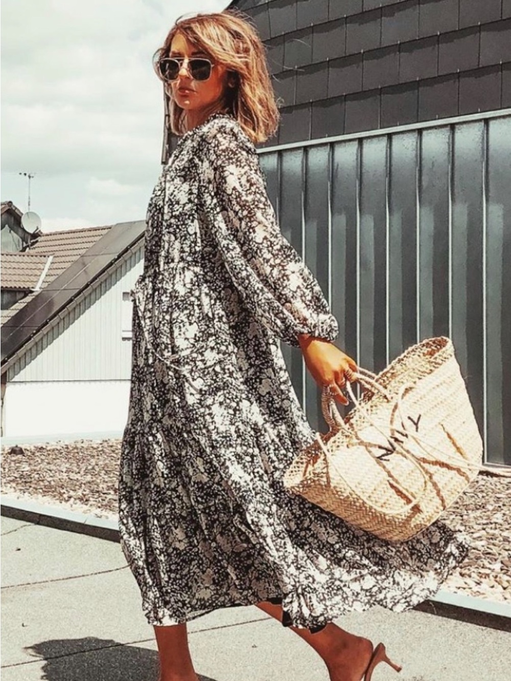 Mango Black & White Floral V-Neck Maxi Dress